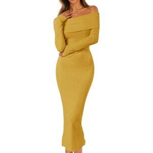 Women Off Shoulder Bodycon Sweater Dress Long Sleeve Party Midi Dress Ginger